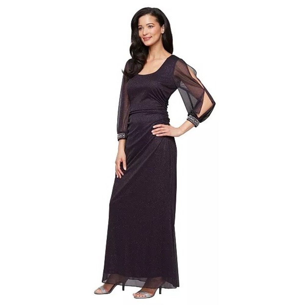 NWT SLNY Gown Women Purple Glitter Ruched Cuff Maxi Dress Cold Shoulder 16 $149